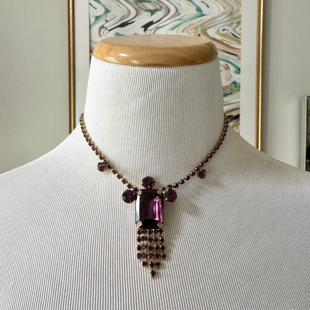 Vintage 1950s Purple Rhinestone Statement Necklace Tassel Sparkly Dressy Formal - Picture 2 of 6